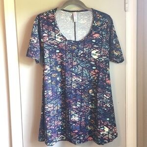 NEW LuLaRoe Blue & Pink “stained glass” Perfect Fit/Flare Polyester Tee - XXS